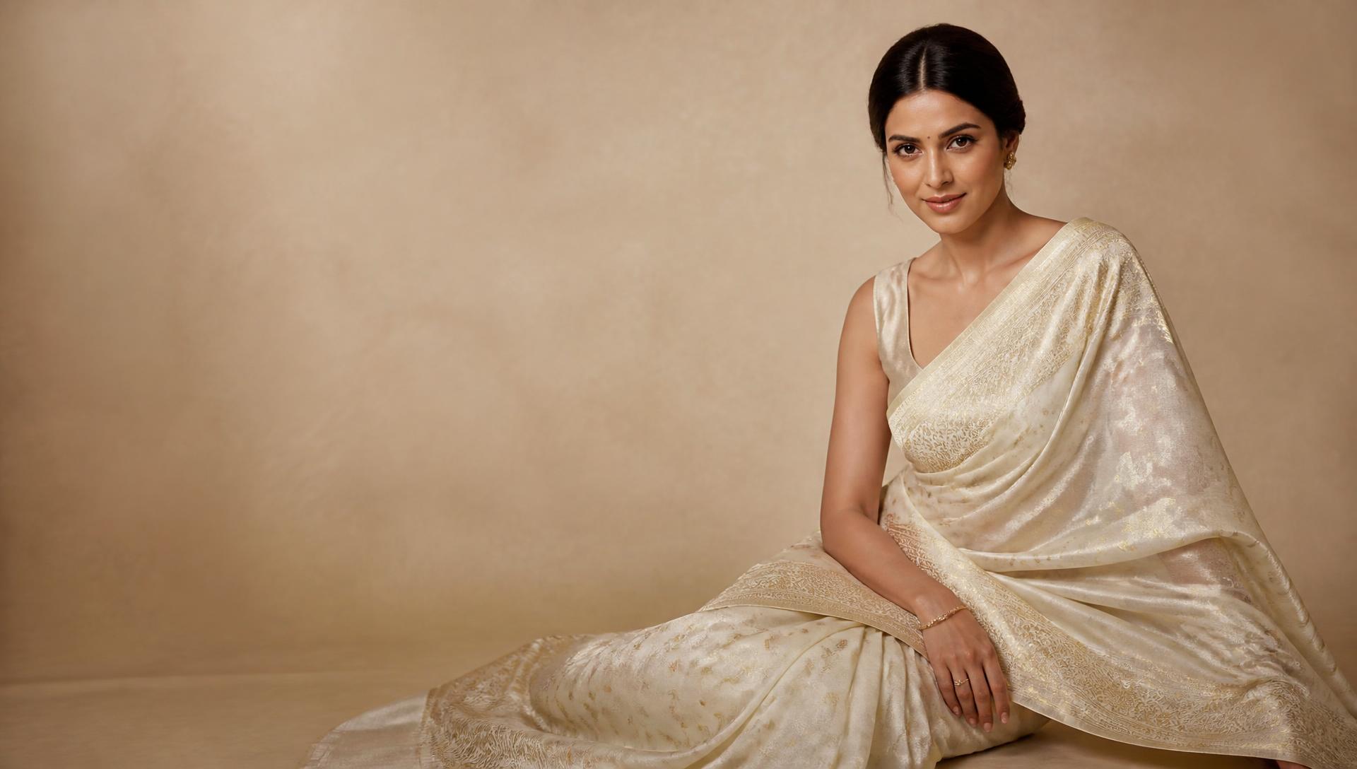 Indian woman in an ivory handwoven silk saree with delicate gold zari
