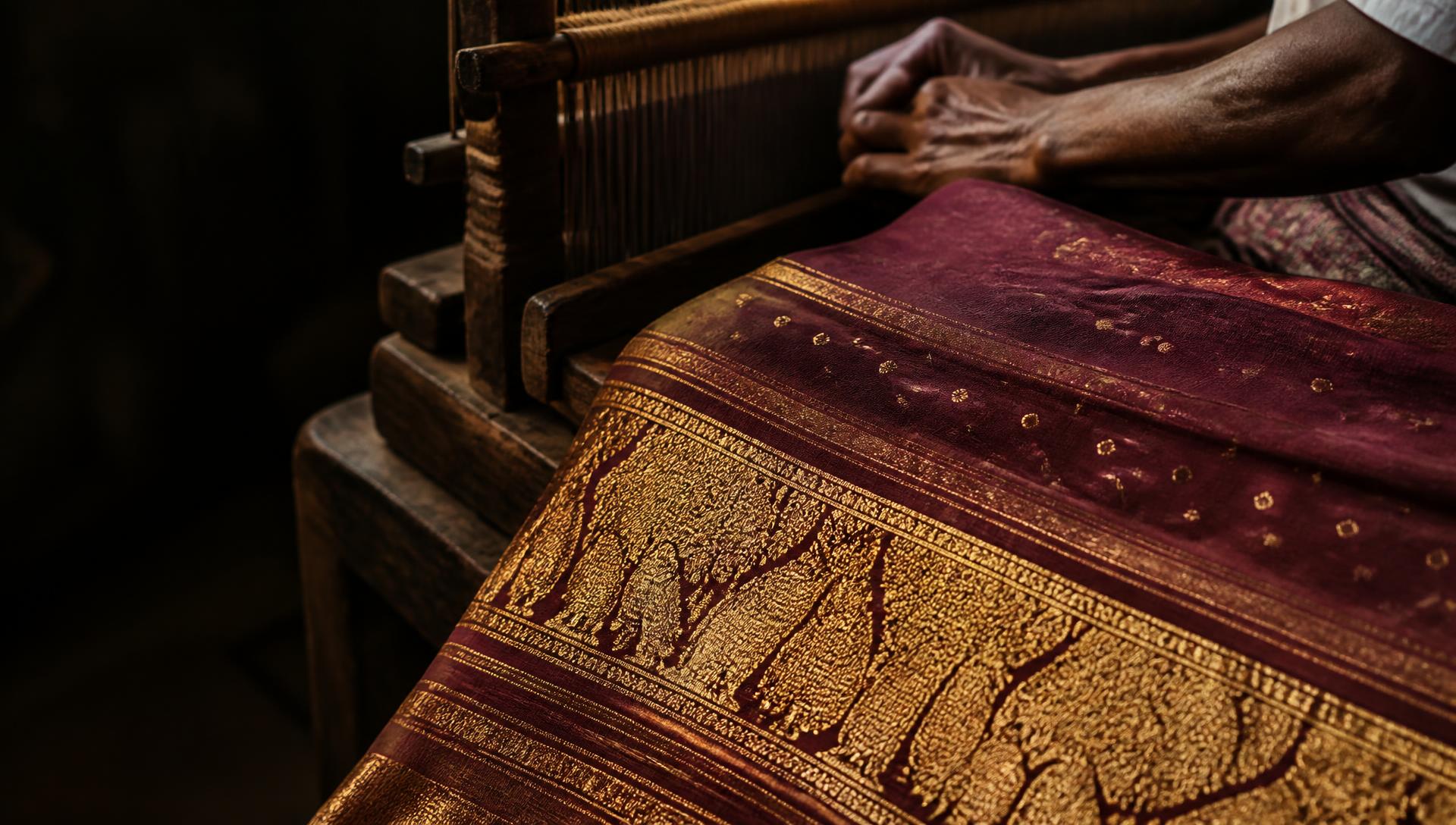 Close-up of handwoven silk with gold zari on a wooden handloom