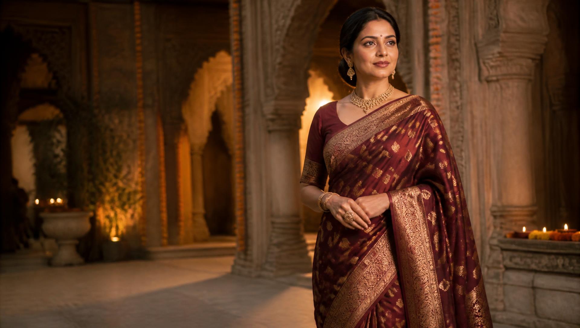 Indian woman in a burgundy handwoven saree in a heritage courtyard at dusk